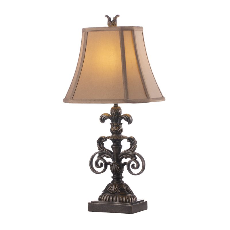 1-Light Pagoda Night Stand Lamp Retro Khaki Fabric Table Lighting with Carved Fleur De Lis Pedestal