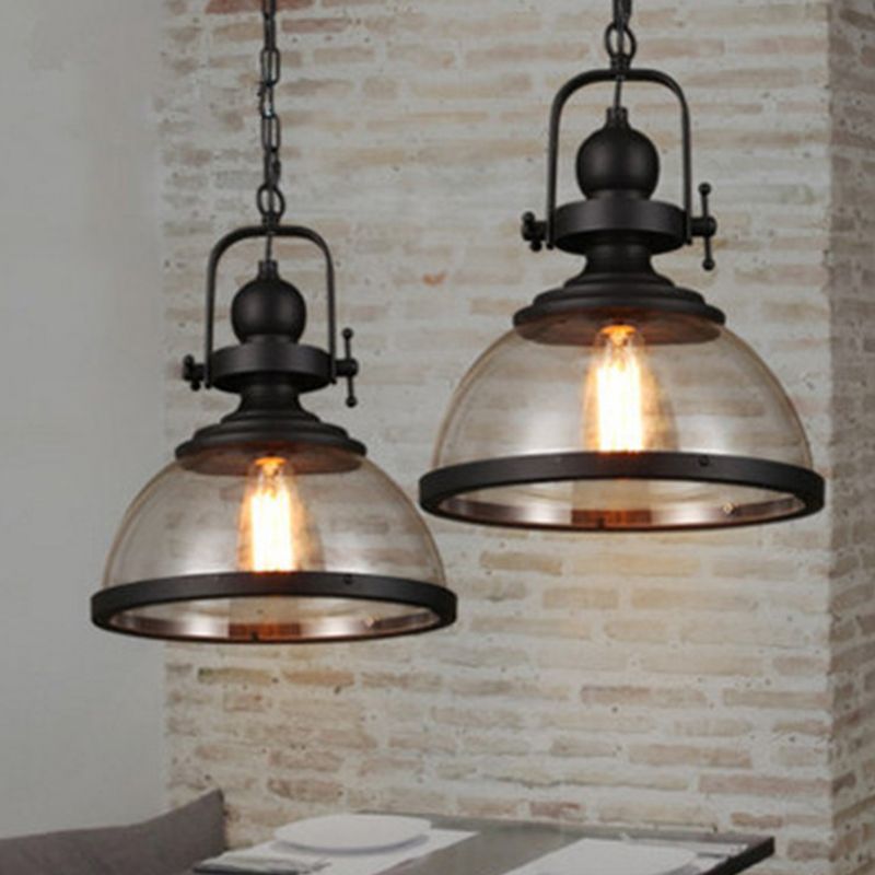 Industrial Style Pot Lid Pendant Lamp 1-Light Clear Glass Ceiling Fixture with Handle in Black