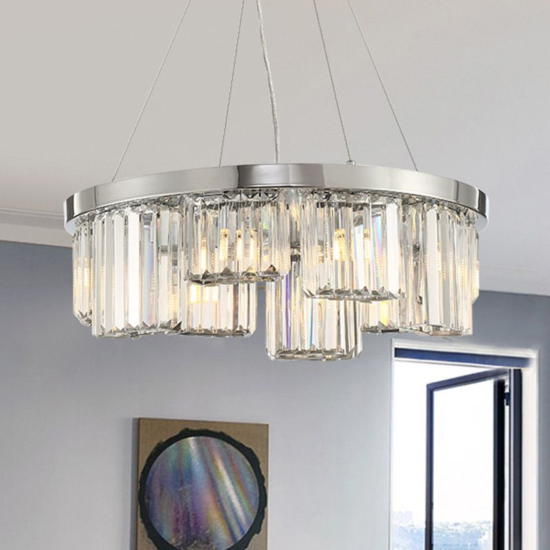 Chrome Cylinder Ceiling Chandelier Simple 10 Lights Rectangular-Cut Crystal Hanging Lamp kit