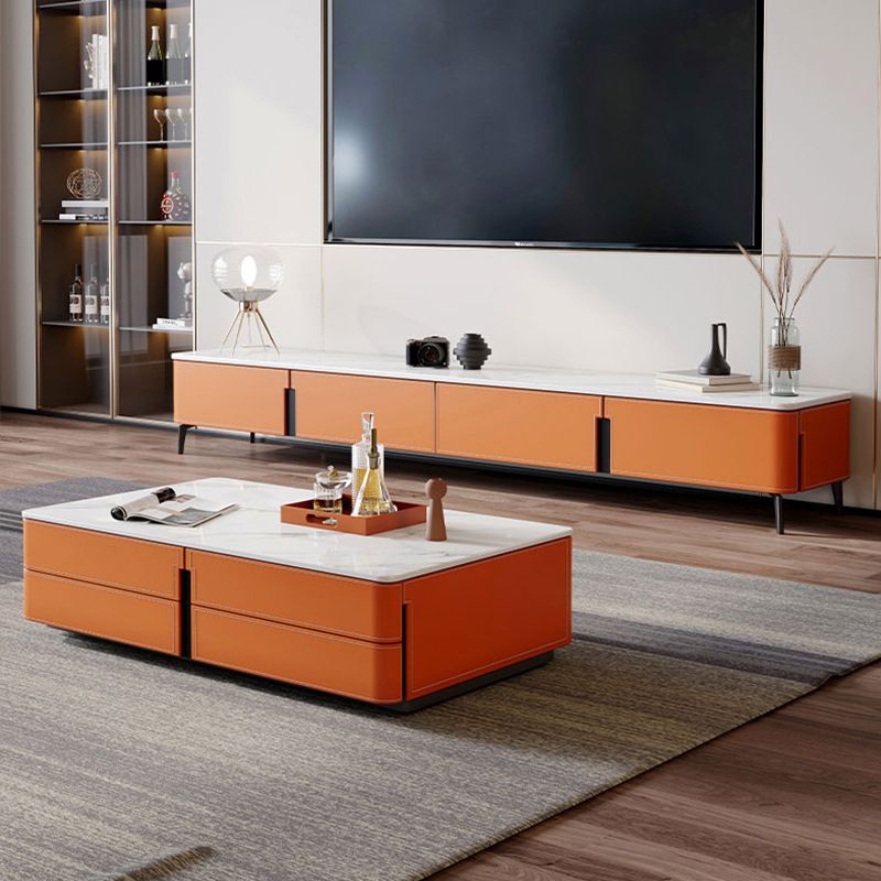 16.5" Bright Orange Leather TV Stand Console with 4 Storage , Nordic Stone TV Stand