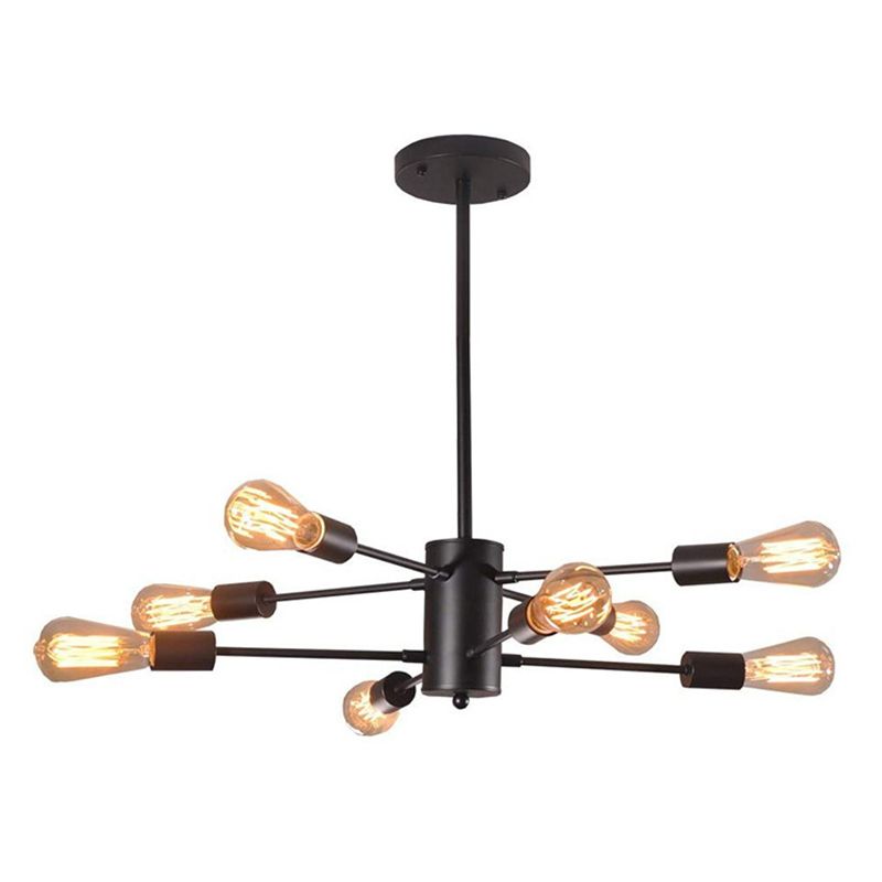 8 Lights Industrial Style Bare Bulbs Chandelier Black Straight Bar Iron Hanging Light with 39.3" Adjustable Lamp Rods