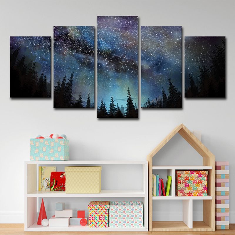 Blue Forest Starry Sky Canvas Nature Scenery Modernist Multi-Piece Wall Art Decor