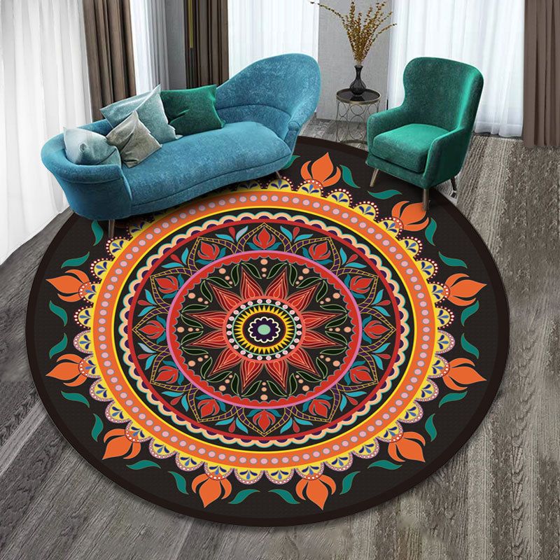 Round Paisley Pattern Rug Polyester Traditional Carpet Non-Slip Backing Indoor Rug for Living Room