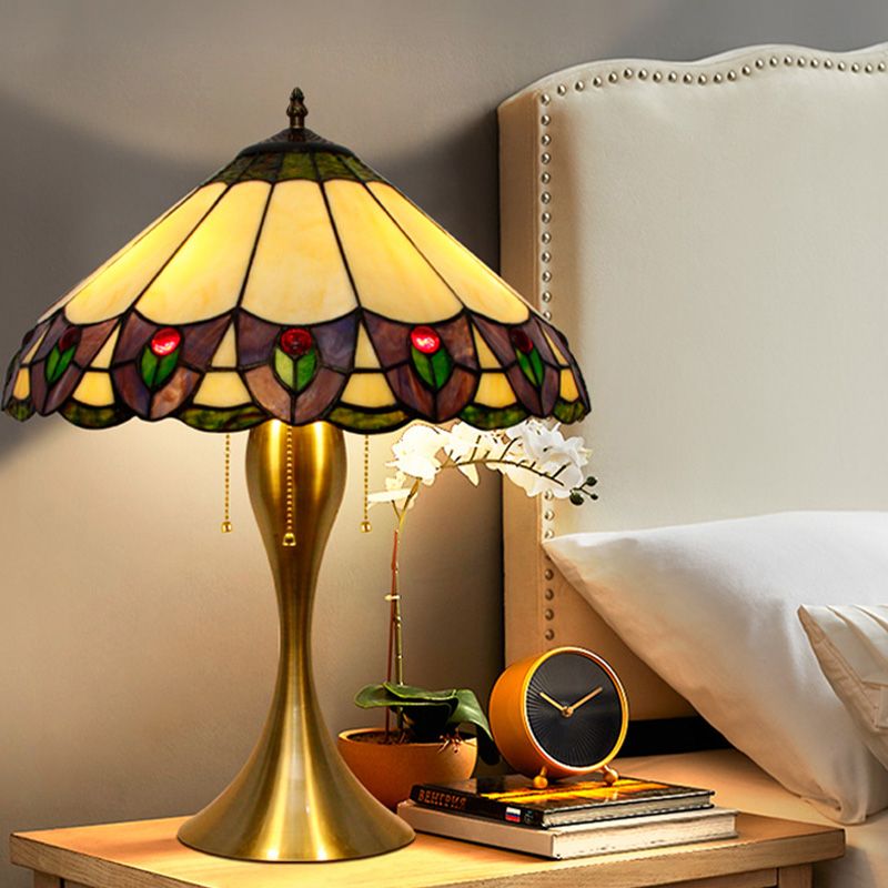 Conic Nightstand Light 3-Head Stained Glass Tiffany Peacock Tail Patterned Table Lighting in Gold with Pull Chain