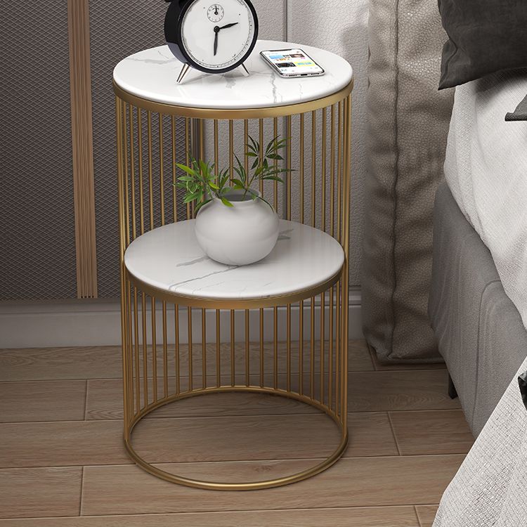 Round Stone Top Nightstand Contemporary Metal Night Table with Shelves