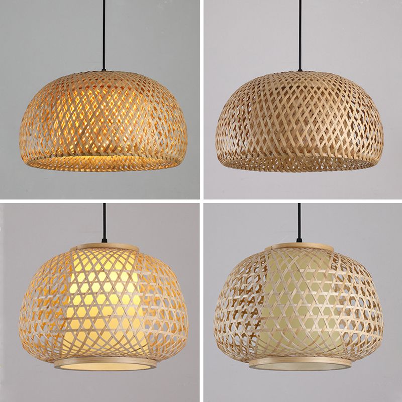 Brown Drum Pendant Light in Asian Creative Style Wrought Iron Hanging Lamp with Bamboo Weaving Shade