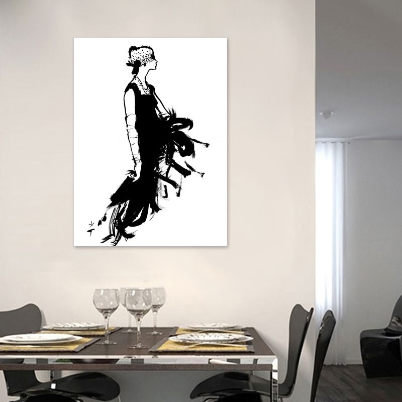 Pencil Drawing Glam Canvas Wall Art with Woman in Black Dress Pattern for Bedroom