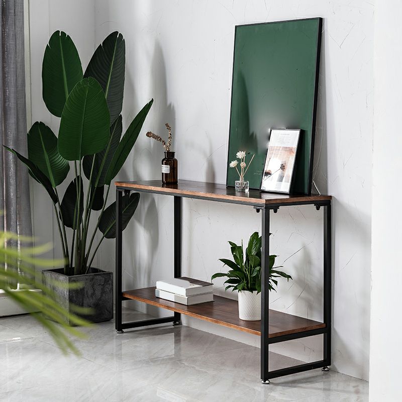 Dark Brown Solid Wood Top Console Table with Metal  Sled Legs