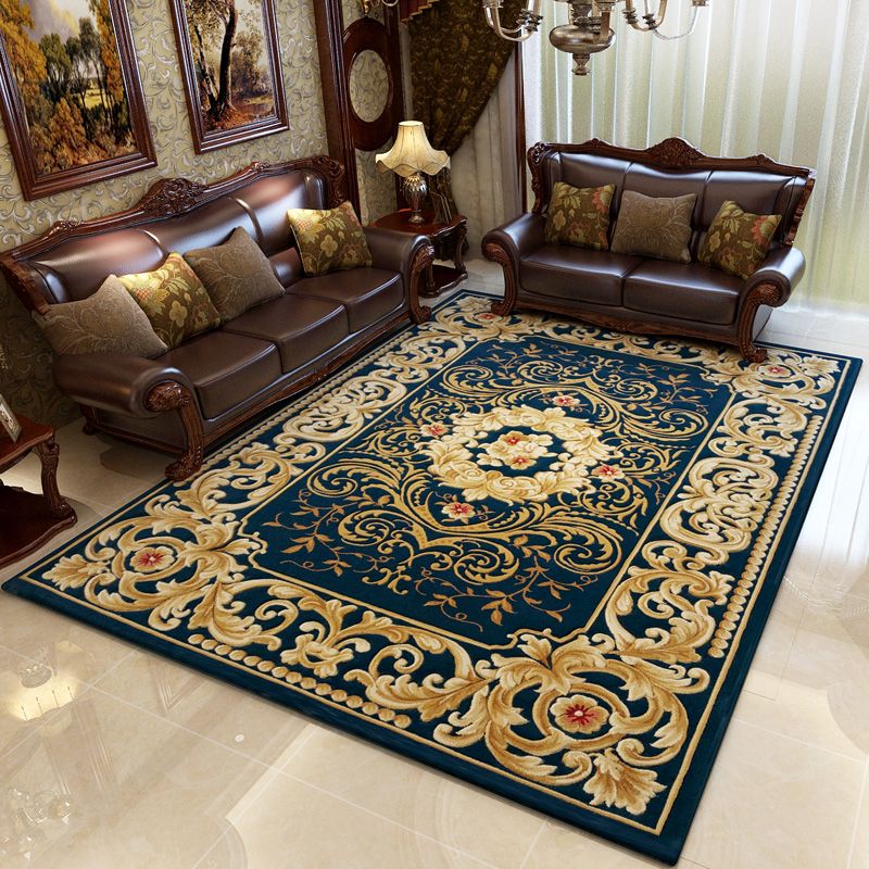 Navy Living Room Area Rug Medallion Pattern Polyester Area Carpet Stain Resistant Rug