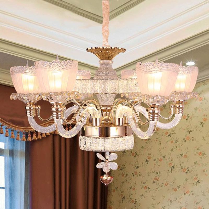 Rose Gold Bowl Chandelier Lighting Contemporary 6 Heads Clear Crystal Ceiling Light