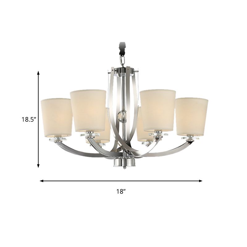 Silver Cylinder Chandelier Simple 6 Lights Iron Pendant Lighting Fixture with Fabric Shade