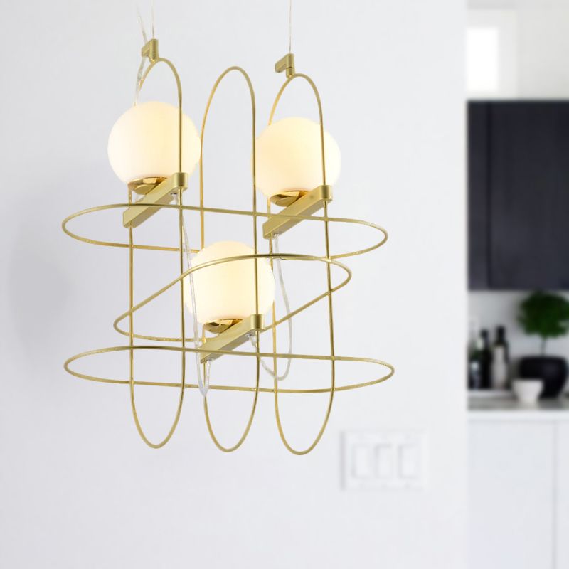 Gold Oval Frame Hanging Ceiling Light Modern 3 Heads Metal Chandelier Lamp with Orb Opal Glass Shade