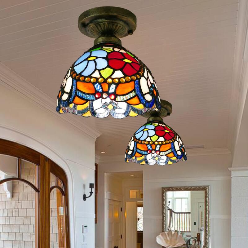 Single Semi Flush Tiffany Style Bowl Shade Stained Art Glass Flush Ceiling Light Fixture