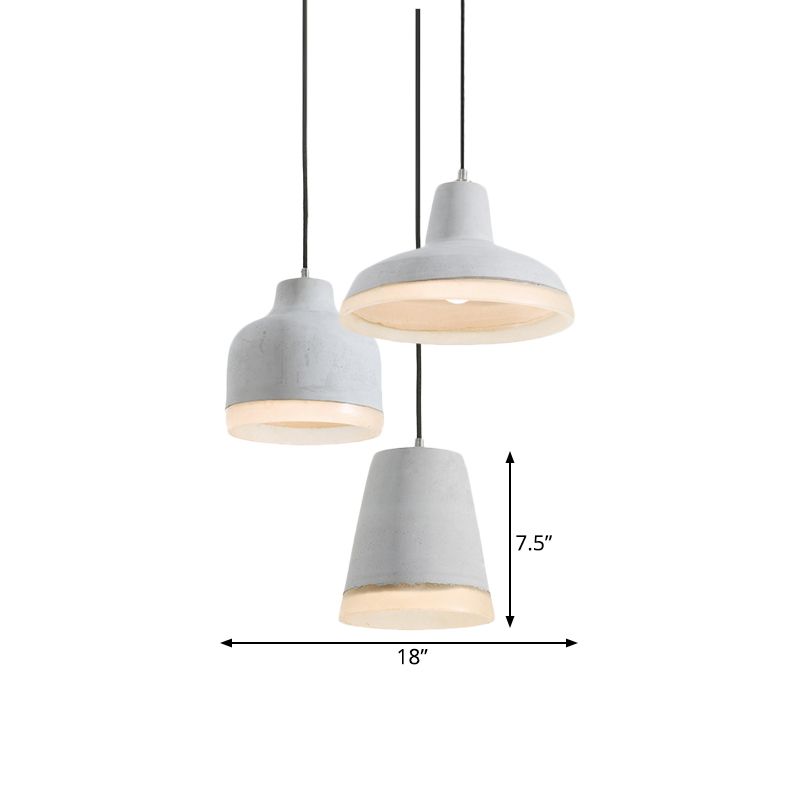 3 Bulbs Multiple Hanging Light Vintage Geometry Cement Pendant Lamp in Grey with Linear/Round Canopy