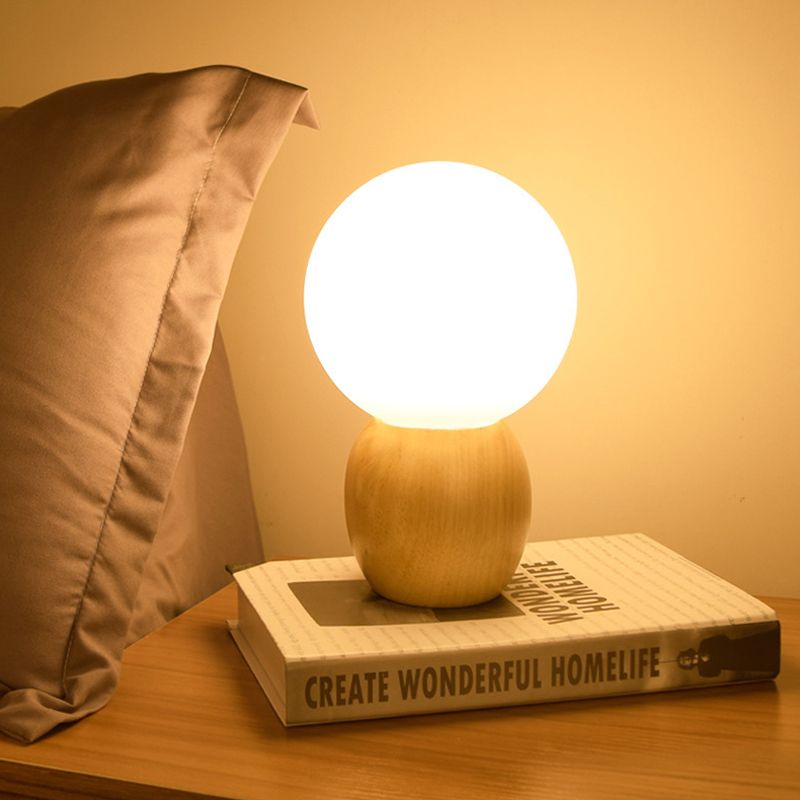 Orb Bedside Table Lamp Frosted Glass 1 Head Minimalist Night Lighting with Wood Base