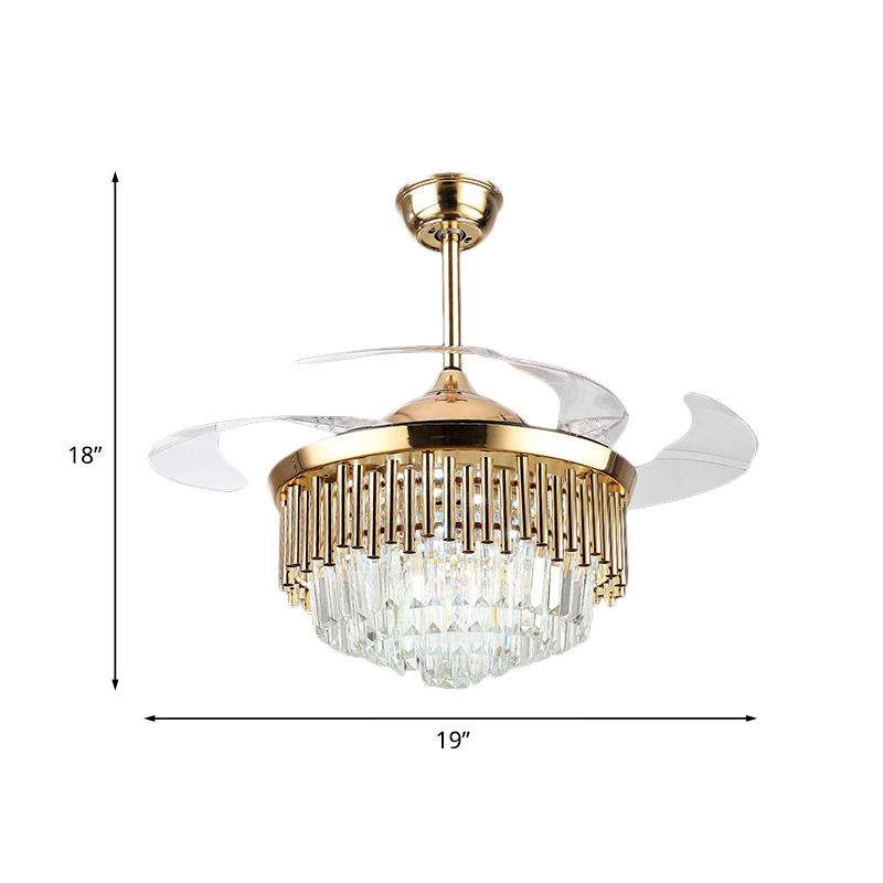 Black/Gold Layered Drum Fan Lamp Postmodern Crystal 3-Blade Dining Room LED Semi Flush Light, 19" Wide