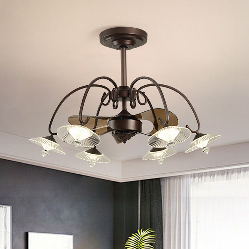 3-Blade Metal Geometry Semi Flush Mount Modernism 26" Wide LED Brown Ceiling Fan Light Fixture