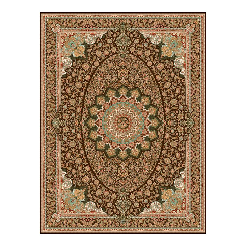 Brown Vintage Rug Polyester Medallion Rug Non-Slip Backing Rug for Home Decor