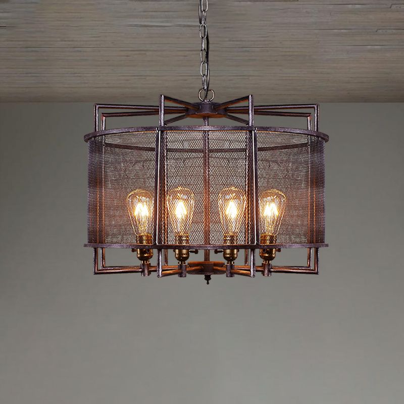 Metal Mesh Drum Chandelier Lighting Rustic Loft Multi Light Farmhouse Hanging Lamp in Rust