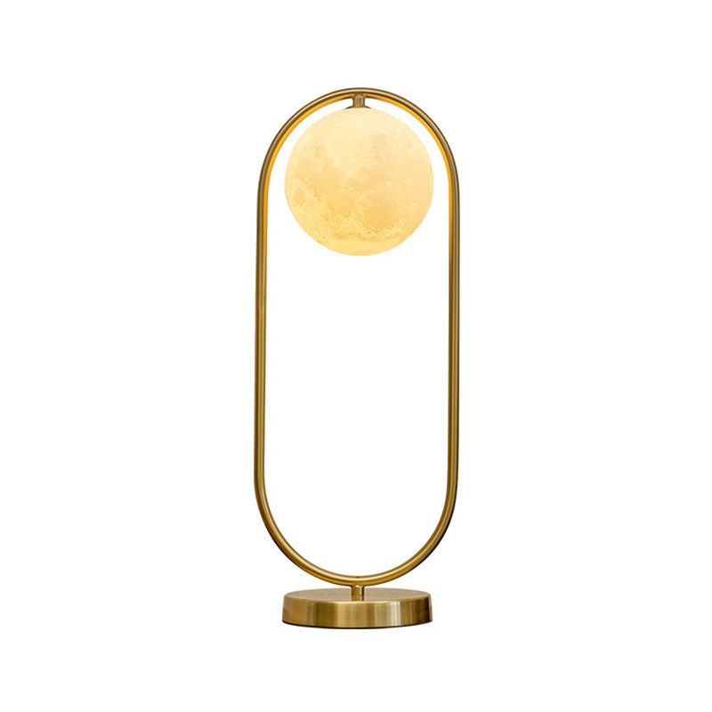 Gold Elliptical Night Table Light Minimalist 1 Head Metal Nightstand Lamp with Faux Moon Milk Glass Shade