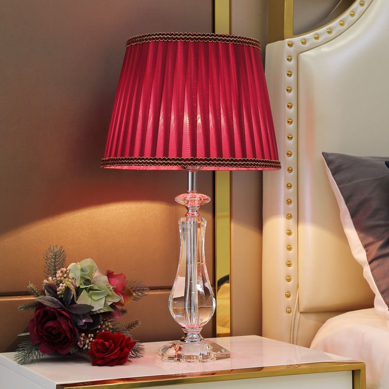 1 Head Flared/Pleated Shade Table Light Traditional Beige/Burgundy/Sky Blue Fabric Nightstand Lamp with Crystal Column