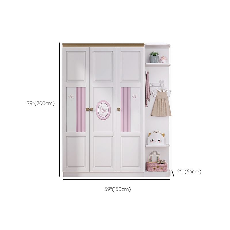 White and Pink Wardrobe Closet with Door Solid Wood Bedroom Armoire