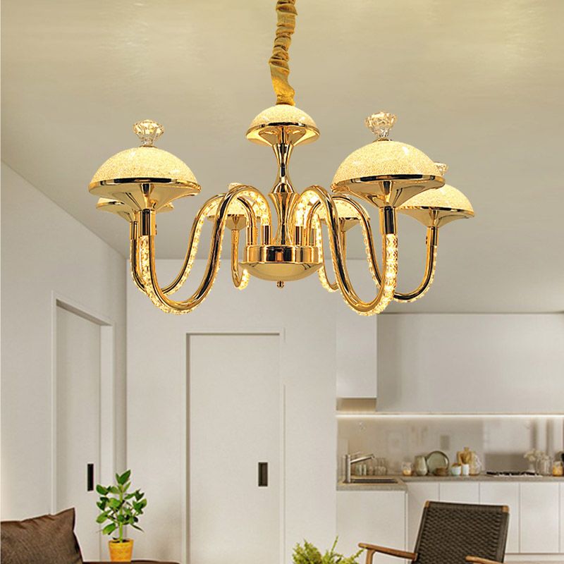 Bowl-Shaped K9 Crystal Pendant Chandelier Modernism LED Gold Hanging Light with Frosted Glass Shade