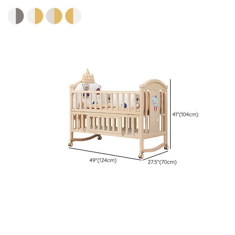 Pine Convertible Crib Modern Light Wood Nursery Bed with Casters and Storage