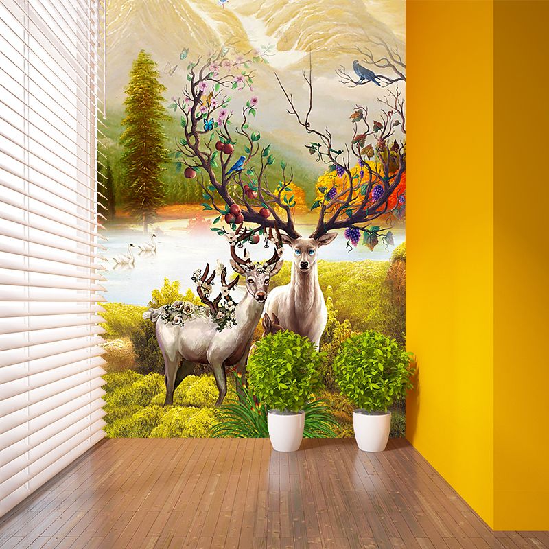 Deer in Sunrise Mountain Mural Yellow-Green Childrens Art Wall Covering for Bedroom