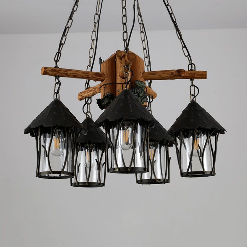 Black Lantern Chandelier Factory Style Clear Glass 5 Heads Restaurant Pendant Lighting Fixture with Wood Branch Beam