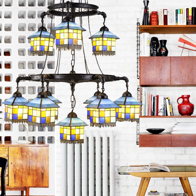 Sospensione in vetro colorato Sospensione Luce Lodge Style 2 Tiers lampadario in nero per soggiorno