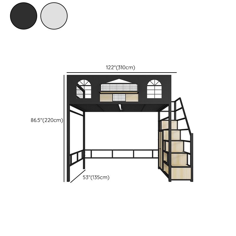 Contemporary Iron Frame Loft Bed with Guardrails and Staircase/Built-In Ladder