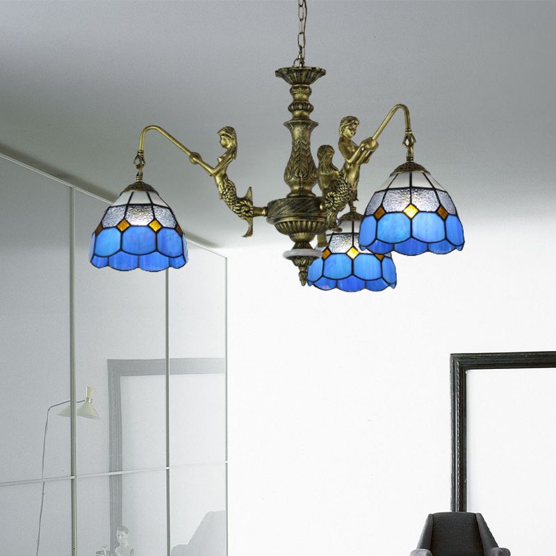 Blue Stained Glass Chandelier Lighting Fixture Grid Patterned 5/9/11 Lights Baroque Suspension Lamp