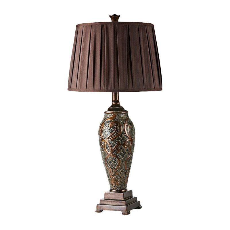 Resin Coffee Table Stand Light Urn-Base 1 Head Rustic Night Lamp with Drum Pleated Fabric Shade