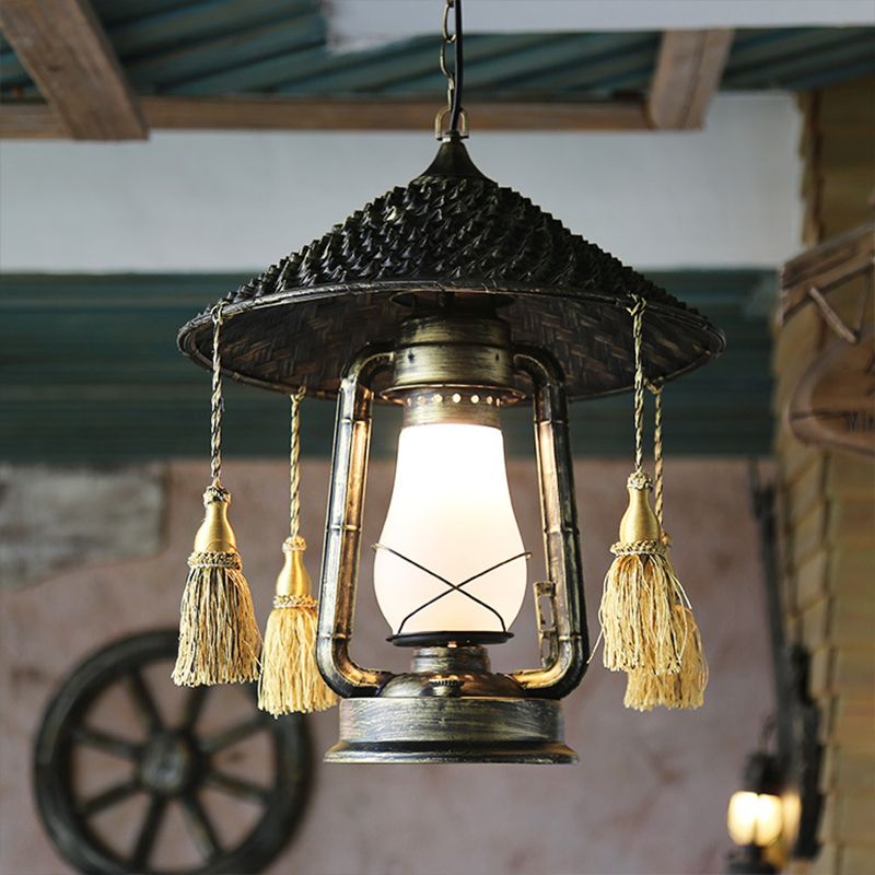 Bronze 1 Head Hanging Pendant Rural Cream Glass Kerosene Ceiling Suspension Lamp with Tassel Knot and Cone Top