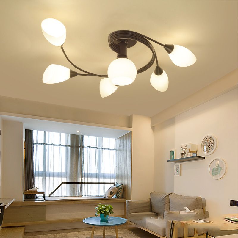 Modern Nordic Macaron Semi Flush Mount Wrought Iron Radial Ceiling Light with White Glass Shade