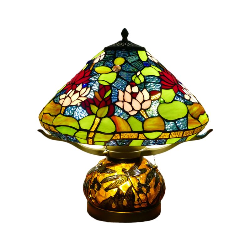 Stained Glass Conic Table Lamp Mediterranean 3 Heads Green Lotus Patterned Night Lighting for Bedroom