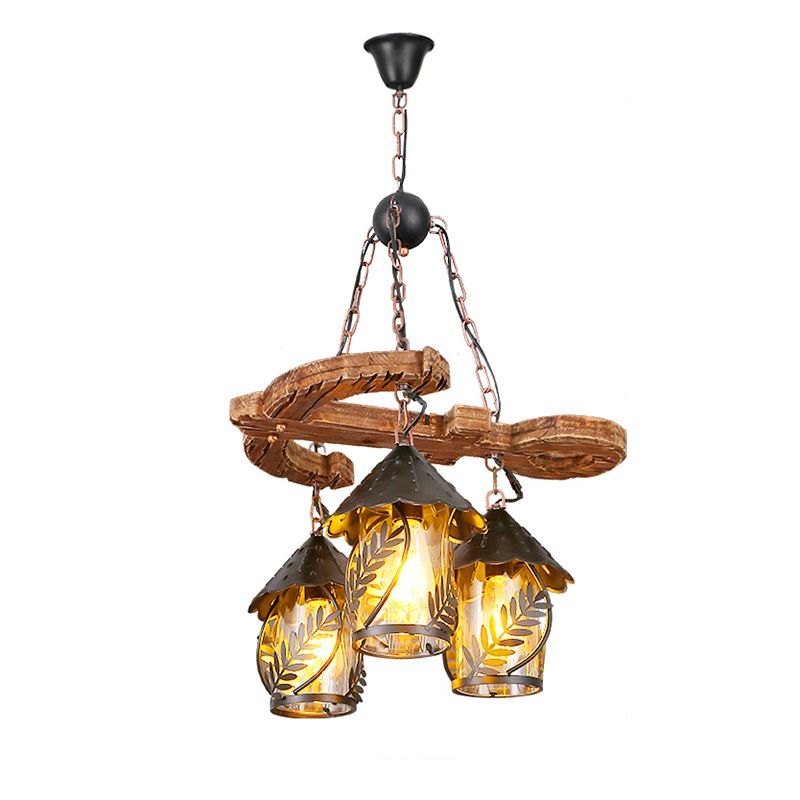 Nautical Lantern Ceiling Chandelier Clear Glass Pendant Light Kit with Leaf Pattern in Wood