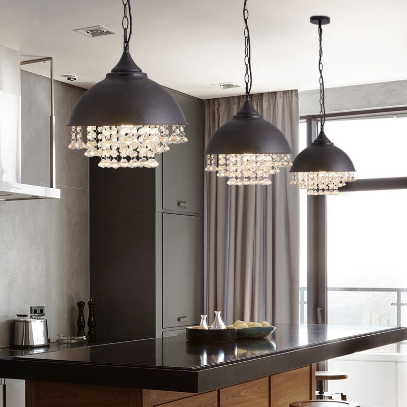 1 Bulb Dome Pendant Light Fixture Industrial Black/Chrome Metal Hanging Light with Crystal Bead