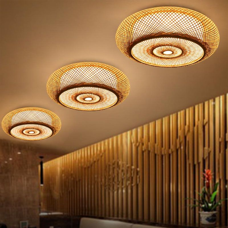 Asian 3 Bulbs Flush Light Flaxen Donut Close to Ceiling Lighting with Bamboo Shade