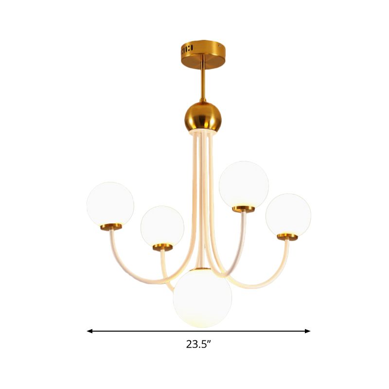 White Glass Spherical Ceiling Chandelier Contemporary 5/7 Bulbs Hanging Light Fixture in Gold