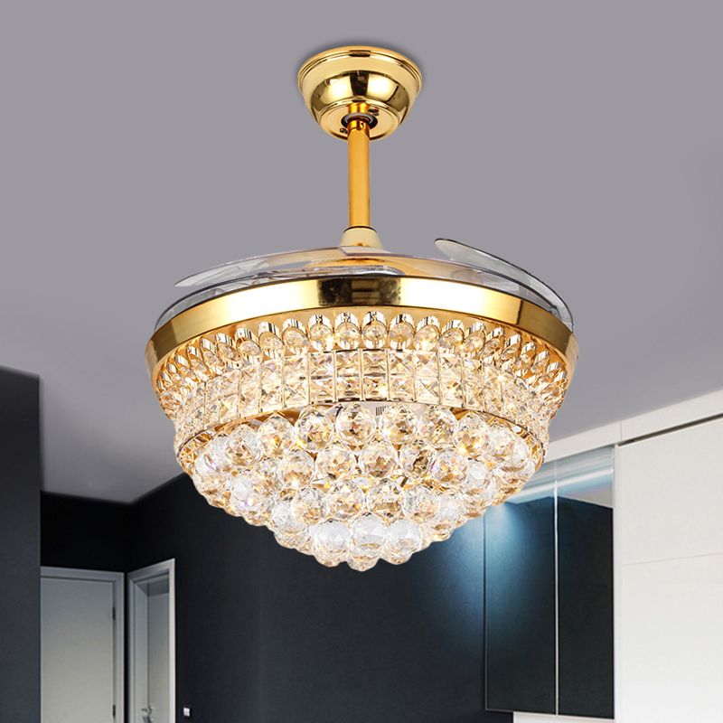 Tapered Beveled Crystal Semi Flush Lamp Minimalist 19" Width LED Gold Hanging Fan Light with 4 Blades