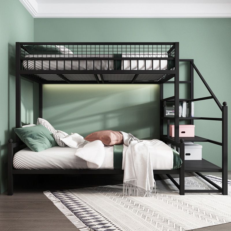 Contemporary Iron Bunk Bed with 3 Shelves and Guardrail 72.83" High