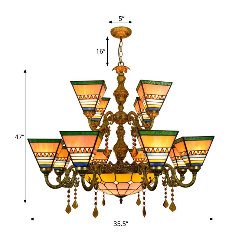 Industrial Vintage Pyramid Chandelier Stained Glass 12 Arms Inverted Chandelier with Center Bowl