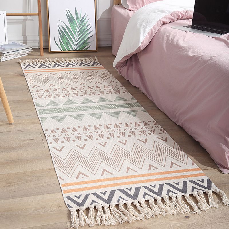 White Tone Bohemian Area Rug Cotton Leaves Print Rug Fringe Indoor Rug for Home Decoration