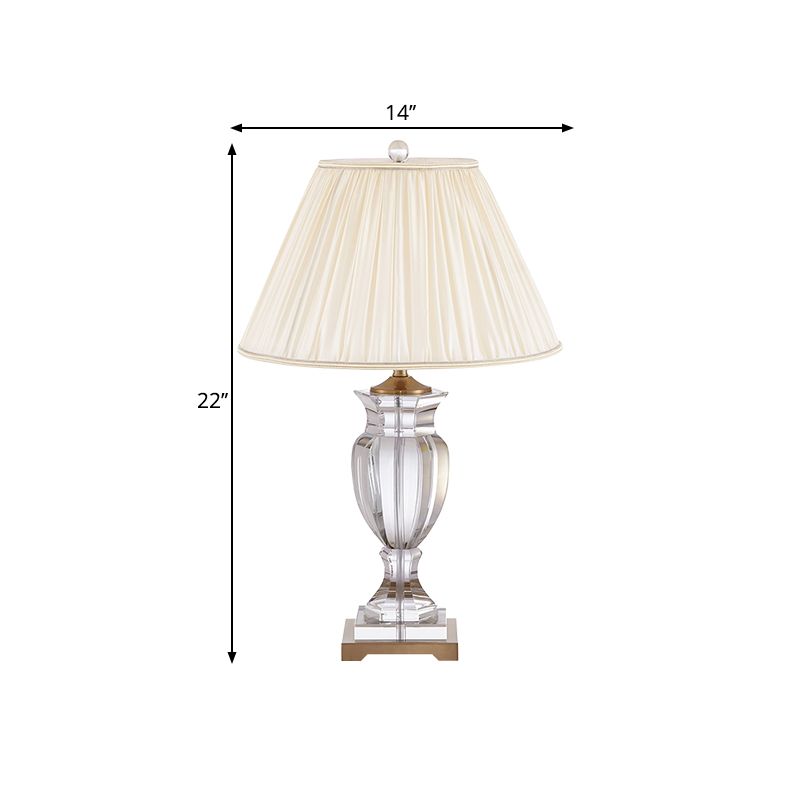 1 Bulb Night Stand Lighting with Tapered Shade Fabric Traditional Bedside Crystal Table Lamp in White