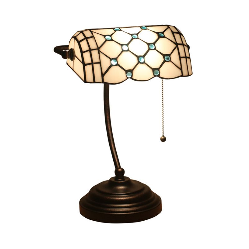 1 Head Task Lamp Tiffany Style Jeweled Beige Glass Pull Chain Night Table Lighting in Blue/Gold with Curved Arm