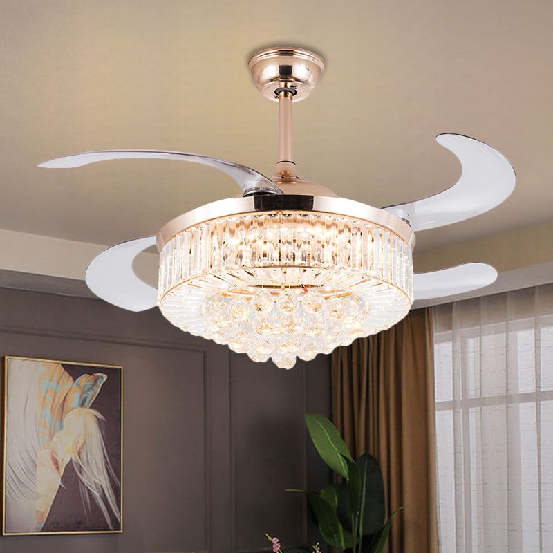 Drum Clear Crystal Semi Flush Mount Minimalist 19" Width LED Gold Pendant Fan Light with 4 Blades