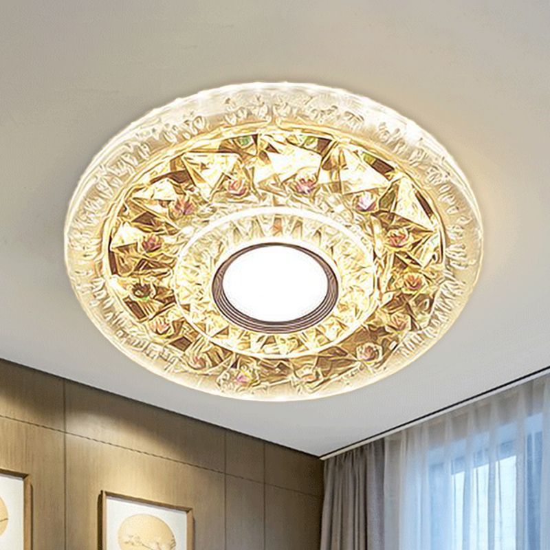 Round Mini LED Flushmount Lighting Simple Clear Triangle-Cut Crystal Flush Mount Ceiling Fixture