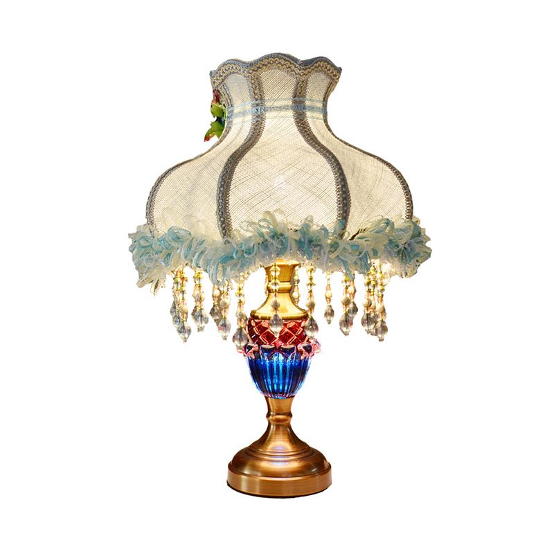 Light Blue Scalloped Table Light European 1 Bulb Fabric Lace Night Lamp with Drape and Crystal Accent